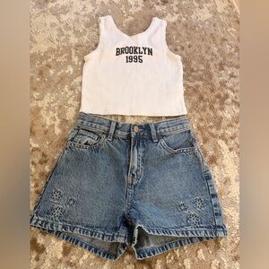 Zara White Tank Top and Blue Denim Shorts Set
